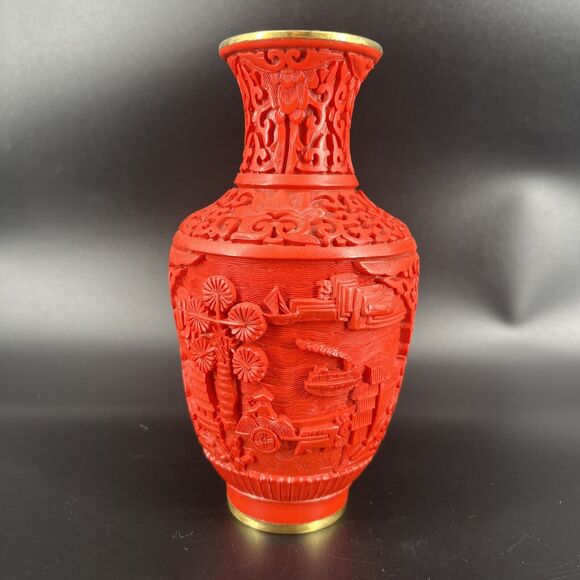 Vintage Hand Carved Red Cinnabar Vase Figures Amongst Landscape Design 6.5”